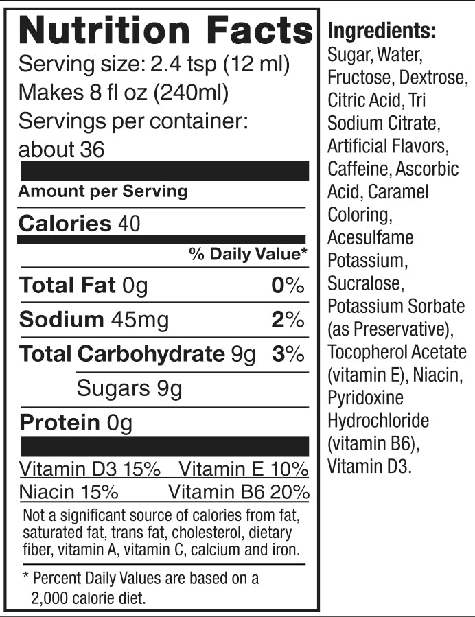 Energy Drink Flavored Soda Syrup Nutrition Label